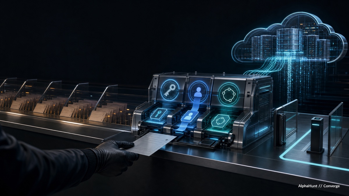 Original AlphaHunt artwork showing a support request becoming identity and access credentials at a futuristic service counter.